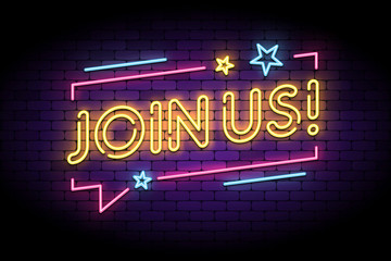 Join us sign in glowing neon style with speech bubble and stars. Vector illustration for follow, join new members in social account. - obrazy, fototapety, plakaty