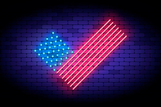 Vote America. Neon vector illustration with united states flag elements for voting on the president election. Glowing neon USA flag like a checkmark.