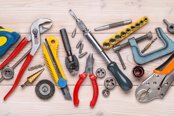 Photo of various home tools. Everyday tools for repair work. Studio shot, close-up.