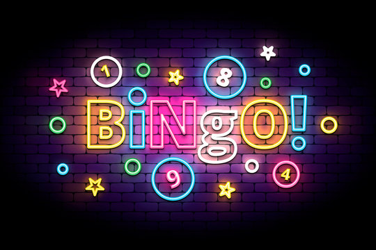 Bingo neon sign with lottery balls and stars. Colorful bingo lettering in glowing neon style. Vector illustration for the lottery.