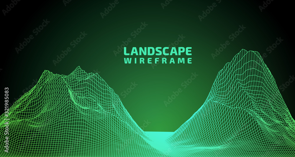 Poster abstract wireframe background. 3d grid technology illustration landscape. digital terrain cyberspace