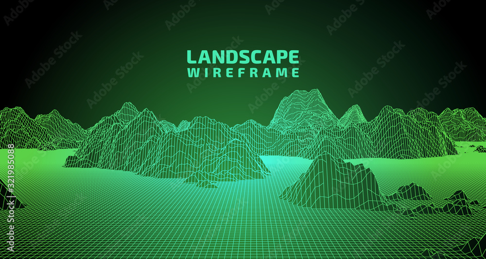 Poster abstract wireframe background. 3d grid technology illustration landscape. digital terrain cyberspace