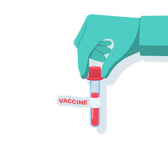 Test tube with vaccine holding in hands of doctor. Vaccination concept. Ampoule medicine in a bottle. Injection from viruses and bacteria. Vector illustration flat design. Isolated on white background