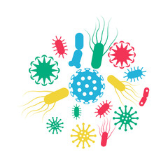 Viruses bacterial infection or ilness. Pathogenic viruses causing infection in organism. Viral disease outbreak. Set different microorganisms. Epidemic of influenza and pneumonia. Vector illustration.