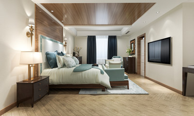 3d rendering beautiful classic luxury bedroom suite in hotel with tv and working table and european style furniture