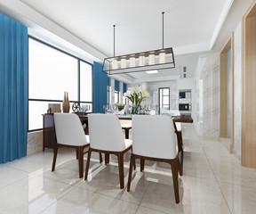 3d rendering scandinavian vintage modern kitchen with blue dining area