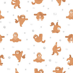 Yoga dogs poses and exercises seamless pattern design. Cockapoo clipart