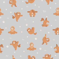 Obraz premium Yoga dogs poses and exercises seamless pattern design. Cockapoo clipart