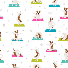 Yoga dogs poses and exercises seamless pattern design. Jack Russel terrier clipart