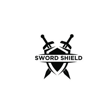 two sword and shield logo icon design vector