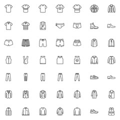 Men's clothing line icons set. Male garment linear style symbols collection, Man fashion Clothes outline signs pack. vector graphics. Set includes icons as shirt, business suit, hoodie, shoe, jacket