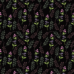 Seamless pattern of flowers in watercolor style on a black background. Floral composition. Bright flowers, leaves and branches. Great for greeting cards, invitations, banners, flyers and designs.