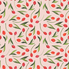 Seamless pattern of flowers in watercolor style on a peach background. Floral composition. Bright flowers, leaves and branches. Great for greeting cards, invitations, banners, flyers and designs.