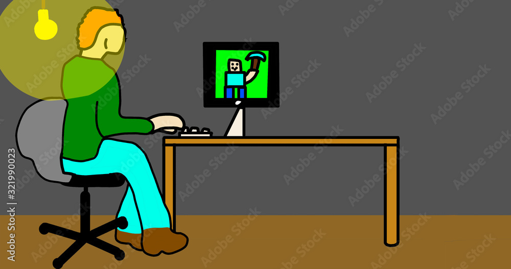 Poster a young man sits at a table and plays a game at a computer in an empty room