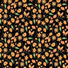 Seamless pattern of flowers in watercolor style on a black background. Floral composition. Bright flowers, leaves and branches. Great for greeting cards, invitations, banners, flyers and designs.