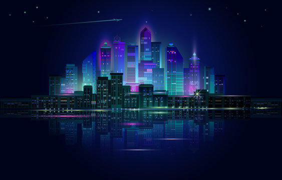 Night city panorama with neon glow on blue background. Vector.