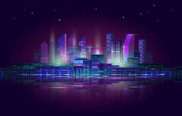 Plakat Night city panorama with neon glow. Vector illustration.