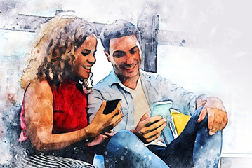 Abstract colorful young couple business partner talking and Discuss work on the desk on watercolor illustration painting background.