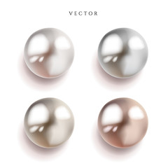 Set of pearl silver, pink or rose gold and gold spheres with glares icons isolated on white background, vector illustration.