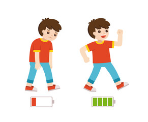 Active and tired boy flat cartoon colorful vector illustration. Happy and unhappy boy. Energetic and tired or exhausted boy and life energy.