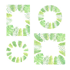 Tropical frames watercolor set. Hand drawn tropical leaves isolated on white background. Round, horizontal, square frames. Copy space. For greeting cards, invitations, summer party, social media icons
