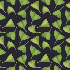 Ginkgo biloba leaves. Seamless pattern on dark background. Digital Illustration. 
