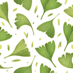 Gingko biloba leaves. Seamless pattern. Isolated on white background. Digital Illustration.