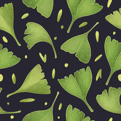 Ginkgo biloba leaves. Seamless pattern on dark background. Digital Illustration. 