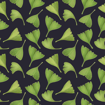 Ginkgo biloba leaves. Seamless pattern on dark background. Digital Illustration. 