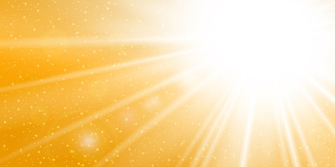 Rays yellow background. Gold sunny sky. Heat sunburs, hot weather. Sunshine orange sky. White warm sunlight. Bright golden solar sunrise, summer template. Lens optic effect. Vector illustration