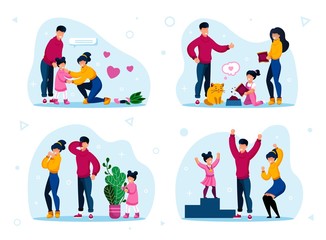 Responsible Parenthood Trendy Flat Vector Concept Set. Parents with Children Teaching Kid to Feed Pet, Playing in Hide-and-Seek, Supporting Worried Daughter, Celebrating Kids Achievement Illustrations