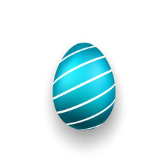 Easter egg 3D icon. Blue color egg, isolated white background. Bright realistic design, decoration for Happy Easter celebration. Holiday element. Shiny pattern. Spring symbol. Vector illustration