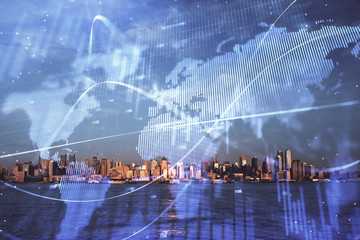 Forex chart on cityscape with skyscrapers wallpaper double exposure. Financial research concept.