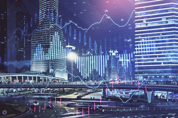 Financial chart on city scape with tall buildings background multi exposure. Analysis concept.