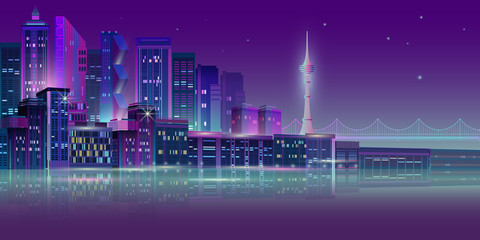 Fototapeta na wymiar Night city panorama with tv tower. Vector illustration.
