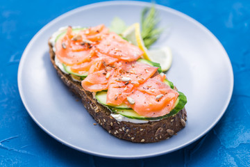 Sandwich with smoked salmon and cucumber. Concept for healthy nutrition.