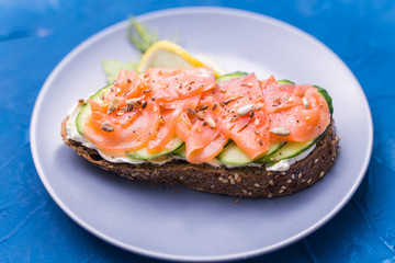 Sandwich with smoked salmon and cucumber. Concept for healthy nutrition.