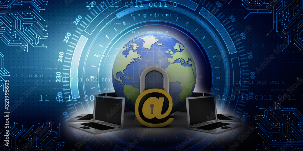 Aufkleber 3d rendering e-mail symbol protection lock with cloud around computer network . internet security co