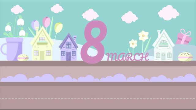 Animated cartoon video clip for International Women's Day. A small pink car rides along the street with congratulations on March 8. In the video, snowdrops, tulips and spring flowers.Vector animation