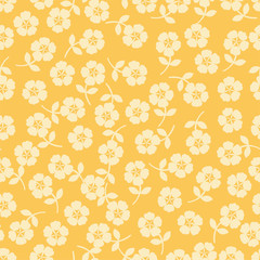 Cute flower on yellow background. Seamless vector floral ditsy pattern .
