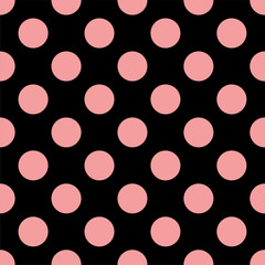 Pink polka dot pattern, black background.seamless vector