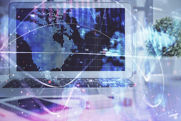 Multi exposure of business theme icons and work space with computer background. Concept of success.