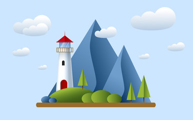 Lighthouse with clouds, mountains, roks andtree. Lighthouse in ocean for navigation illustration. Island landscape.