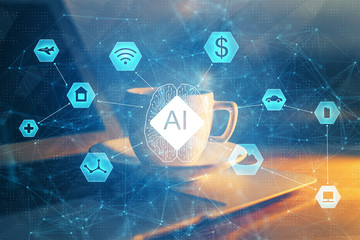 Double exposure of desktop computer and technology theme hologram. Concept of software development.