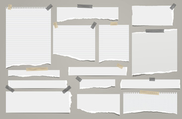 Set of torn white lined note, notebook paper strips and pieces stuck with sticky tape on grey background. Vector illustration - 321998440