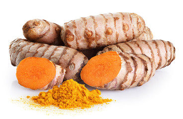 Turmeric root and powder isolated on white background.