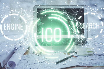 Double exposure of blockchain theme hologram and table with computer background. Concept of bitcoin...