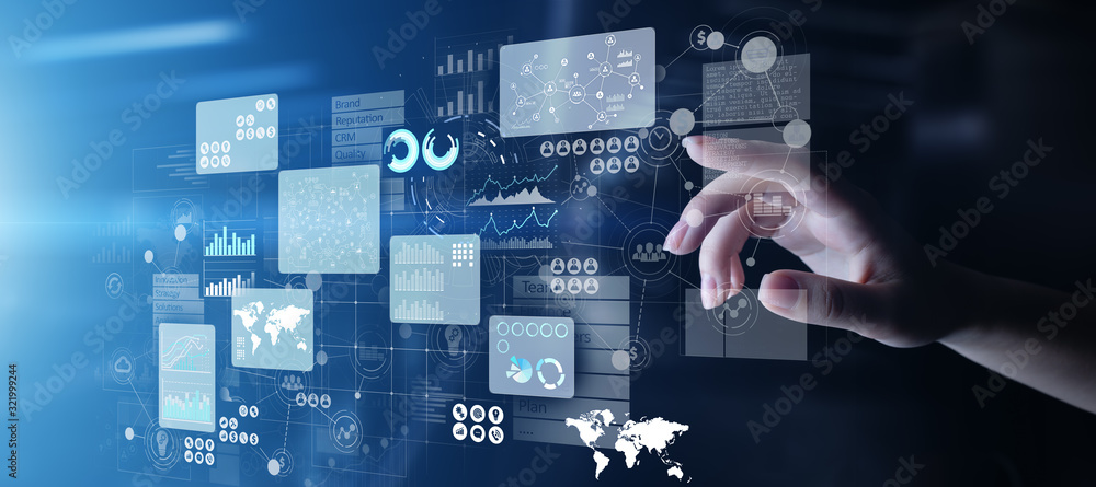 Poster business intelligence analyst dashboard on virtual screen. big data graphs charts.