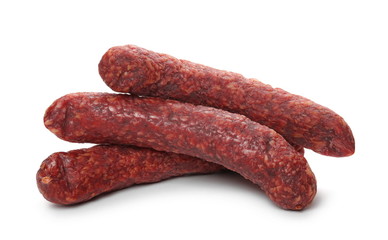 Fermented, dry sausages isolated on white background