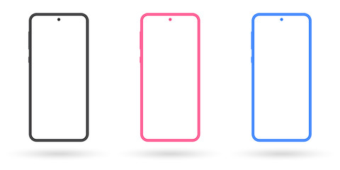 Smartphone mockup set. Mobile phone screen blank. Colorful cellphones isolated on white background. Vector illustration.